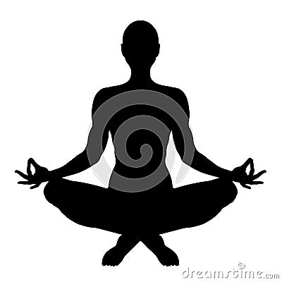 Yoga, figure of a man sitting in a lotus pose, vector silhouette. Meditation relaxation human, outline portrait, black Vector Illustration