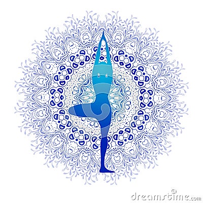 Yoga Fitness, yoga logo, fitness and sport club, vector logo template. Yoga pose designed against blue mandala with Vector Illustration