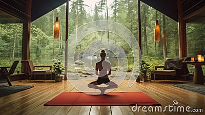 Mind, Body, and Nature, Yoga with Forest View in a Modern Studio for Ultimate Wellness, Generative AI Stock Photo