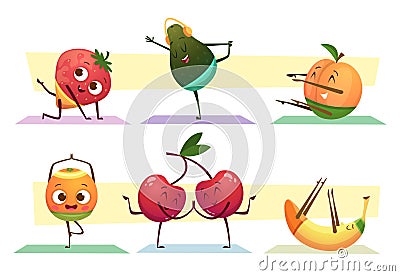 Yoga fruits. Workout exercises funny sport characters healthy fruits stretching relaxing exact vector cartoon active Vector Illustration