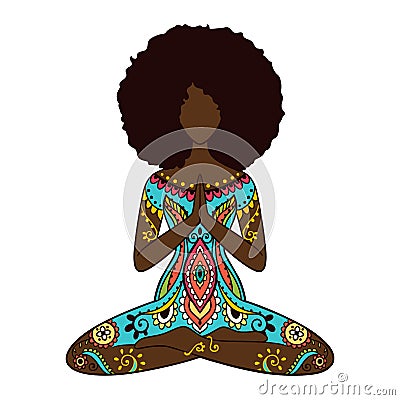 Yoga girl. African american woman doing yoga. Ornament Meditation pose. I Cartoon Illustration