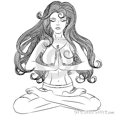 Yoga girl in lotus position outline Vector Illustration