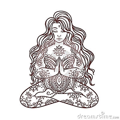 Yoga girl. Ornament Meditation pose. Concept of body positive. Vector illustration plus size, Vector Illustration