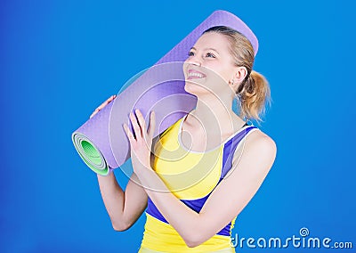 Yoga. Health diet. Success. Strong muscles and power. Sport mat equipment. Athletic fitness. Happy woman workout with Stock Photo