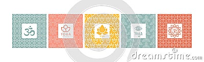 Yoga Icon and Square Emblem with Lotus Zen Symbol Vector Set Stock Photo