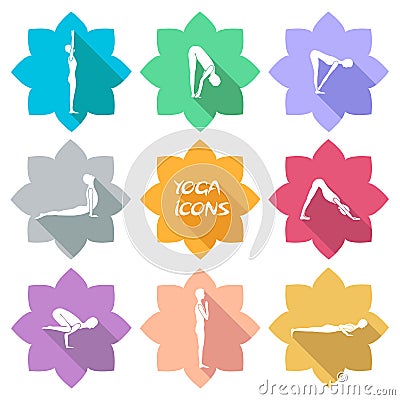 Yoga icons. Flat design. Shadow. Â€ Vector Illustration