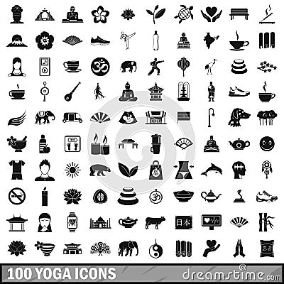 100 yoga icons set, simple style Vector Illustration