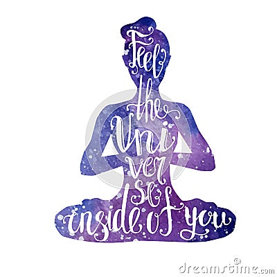 Yoga illustration with lettering. Female silhouette with bright violet watercolor space texture and handwritten phrase Feel the Un Vector Illustration