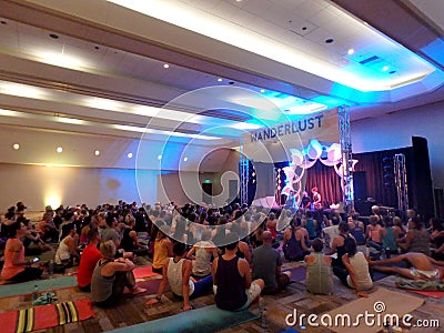 Yoga Instructors and DJ Addressing Yoga Class at Wanderlust Festival Editorial Stock Photo