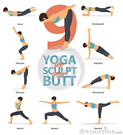 Yoga postures female figures Infographic . 6 Yoga poses for Sculpt your butt in flat design. Vector Illustration. Vector Illustration