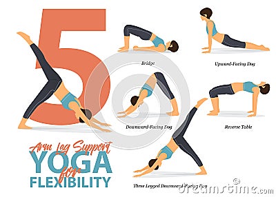 5 Arm and Leg Support Yoga poses for Easy yoga at home in concept of flexibility in flat design. Vector Illustration