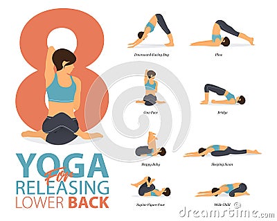 8 Yoga poses for workout in releasing lower back concept. Woman exercising for body stretching. Yoga posture or asana for fitness. Vector Illustration