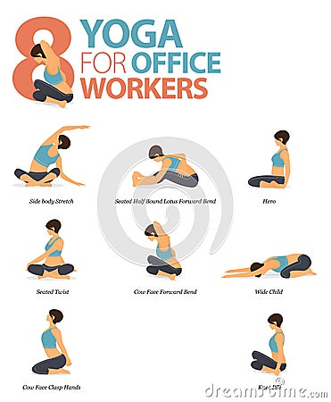 8 Yoga poses for workout in office worker concept. Woman exercising for body stretching. Yoga posture or asana for fitness. Vector Illustration