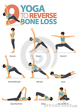 9 Yoga poses to reverse bone loss concept. Women exercising for body stretching. Yoga posture or asana for fitness infographic. Vector Illustration