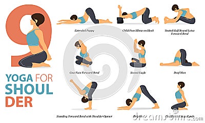 9 Yoga poses or asana posture for workout in Shoulder concept. Women exercising for body stretching. Fitness infographic. Vector Illustration