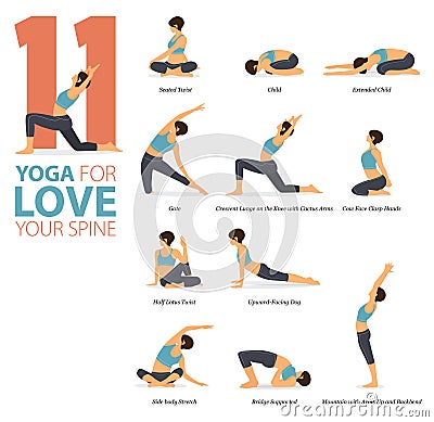 11 Yoga poses for workout in concept of Love Your Spine in flat design. Women exercising for body stretching. Vector. Vector Illustration