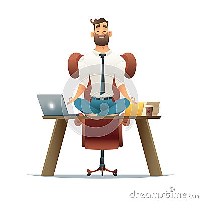 Yoga at job. Businessman relaxing in lotus position on table with computer at workplace. Cartoon style man meditation in Vector Illustration