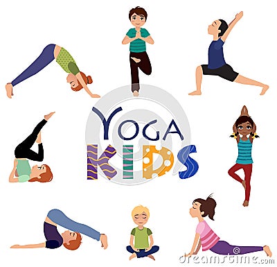 Yoga for kids. Asanas poses set. Vector Illustration