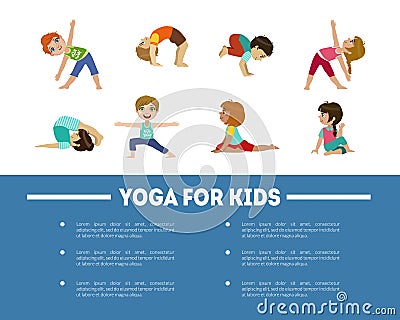 Yoga for Kids Banner Template with Place for Text, Children Practicing Asana Poses, Flyer, Poster, Invitation Card Vector Illustration