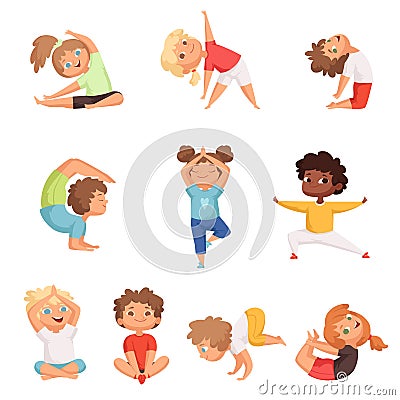 Yoga kids characters. Fitness sport childrens posing and making gymnastics yoga exercises vector illustrations Vector Illustration