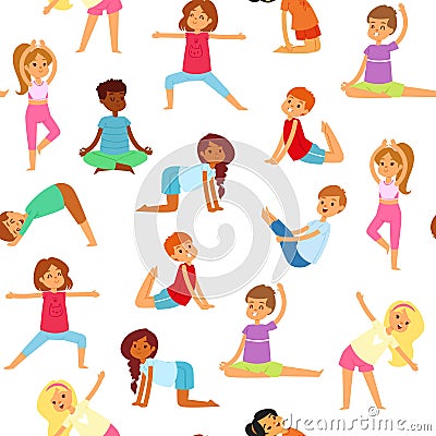 Yoga kids seamless pattern, girls and boys do sports, healthy fitness, design cartoon style vector illustration Vector Illustration