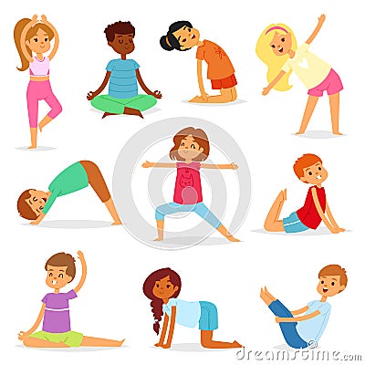 Yoga kids vector young child yogi character training sport exercise illustration healthy lifestyle set of cartoon boys Vector Illustration