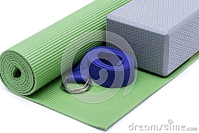 YOGA KIT FOR BEGINNERS Yoga Mat, Strap, Block Stock Photo