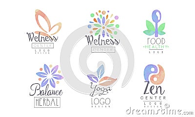 Yoga labels set. Wellness center, healthy food, zen center badges vector illustration Vector Illustration