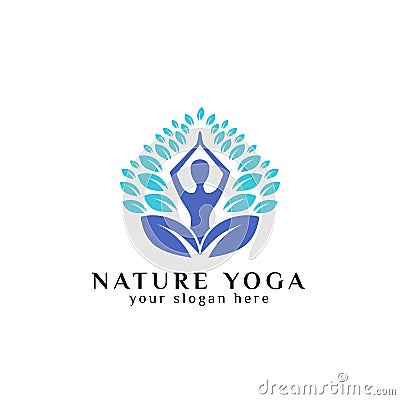 yoga logo design stock. human meditating surrounded by leaves Vector Illustration