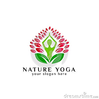 yoga logo design stock. human meditating surrounded by leaves Vector Illustration