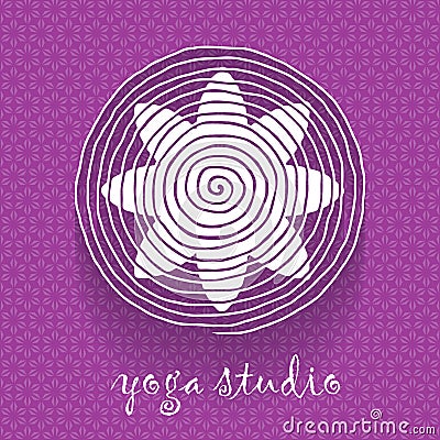Yoga logo. Flower shaped logotype on floral pattern. Vector illustration Vector Illustration