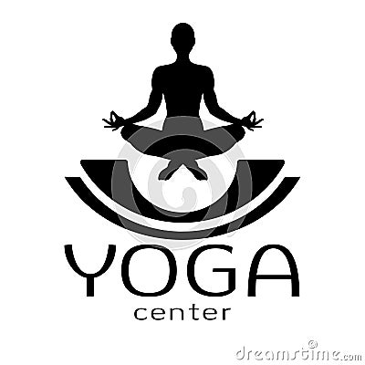 Yoga logo, vector icon, emblem for yoga center. Figure of a man sitting in a lotus pose, vector silhouette. Meditation Vector Illustration