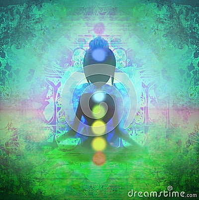 Yoga lotus pose. Padmasana with colored chakra points. Cartoon Illustration