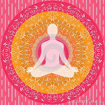 Yoga mandala sitting pose human silhouette pink white orange Stock Photo