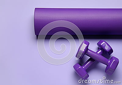 Yoga mat and dumbbells Stock Photo