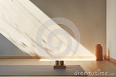 Yoga Mat and Vase on Wooden Floor, Serene Scene for Relaxation and Meditation Stock Photo