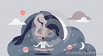 Yoga meditation, concentration of girl floating in space, woman meditating in lotus pose Vector Illustration