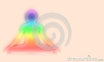 Yoga and Meditation Pose with seven Energy Aura chakra light on light Pink background gradient illustration Cartoon Illustration