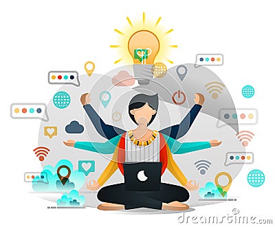 Yoga and Meditation to Find Inspiration in Work. Male Programmer Seeks Enlightenment in Completing Business Project. Vector Illust Vector Illustration