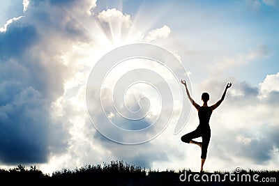 Yoga Meditation, Woman Stand with Raised Arms, Nature Sun Sky Stock Photo