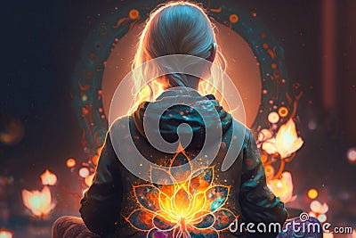 Yoga meditative person view from back in the dark with fires around, digital art,generative ai Stock Photo
