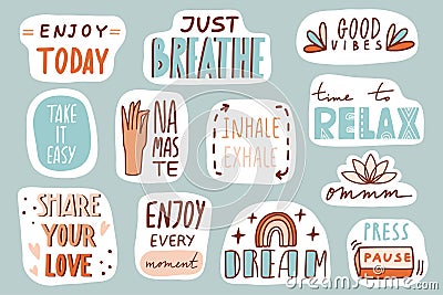 Yoga, mindfulness patches collection. Stickers, badges Vector Illustration