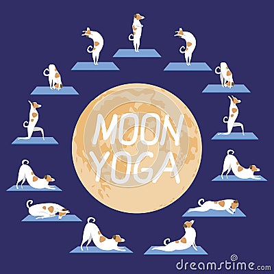 Yoga moon and cute jack russell terrier as character, flat or outline vector stock illustration with dog on blue background Vector Illustration