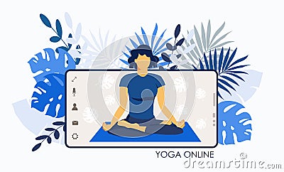 Yoga online. Girl coach on a smartphone screen conducts a lesson live. Concept for yoga courses or website design. Flat illustrati Cartoon Illustration