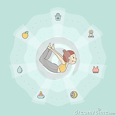 Yoga outline background with young woman (girl) in bow pose. Vector Illustration