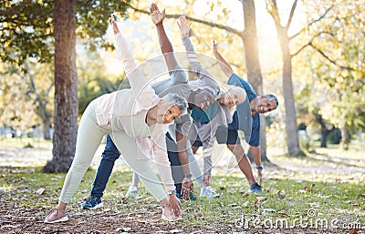 Yoga, park and old people stretching, fitness and exercise with happiness, wellness and stress relief. Senior women Stock Photo