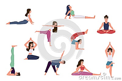 Yoga people. Group of men and women doing yoga exercises, various poses of warming up and stretching, meditation in gym Vector Illustration