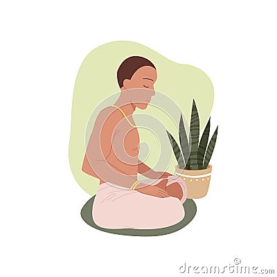 Yoga people, young man meditating in lotus position, buddhist sitting in pranayama asana Vector Illustration