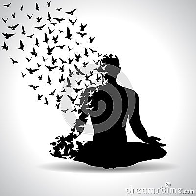 Yoga pose with birds flying from human body, black and white yoga poster Vector Illustration