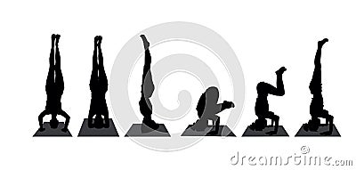 Yoga pose headstand silhouettes set. vector isolated Cartoon Illustration